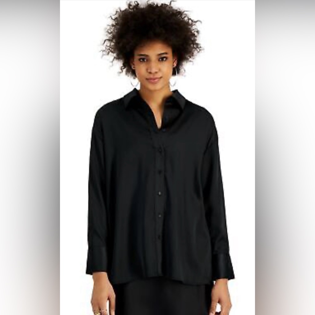 Nia Women's Medium Selena Button Down L/S Collared Shirt Black High Low